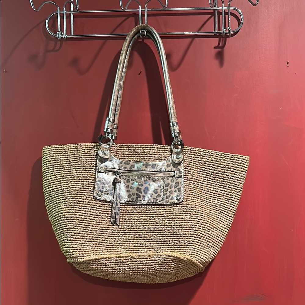 Leopard Accent Tan Woven Tote Bag